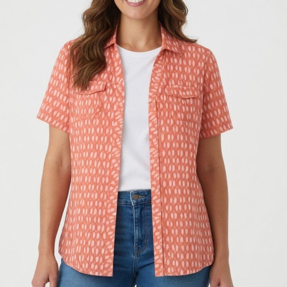 Bit & Bridle Coral Shirt L Cotton Button Front Short Sleeve Pockets Women Top